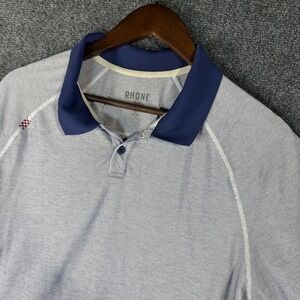 Rhone Mens Large Golf Polo Shirt Short Sleeve Blue White Performance Athletic